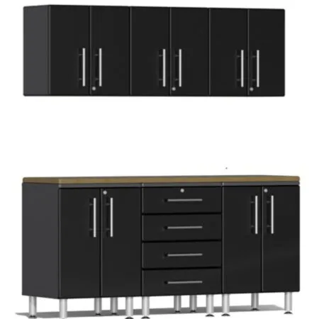 Ulti-MATE Garage Cabinets 2.0 Series Black Metallic 7-Piece Set with Bamboo Worktop