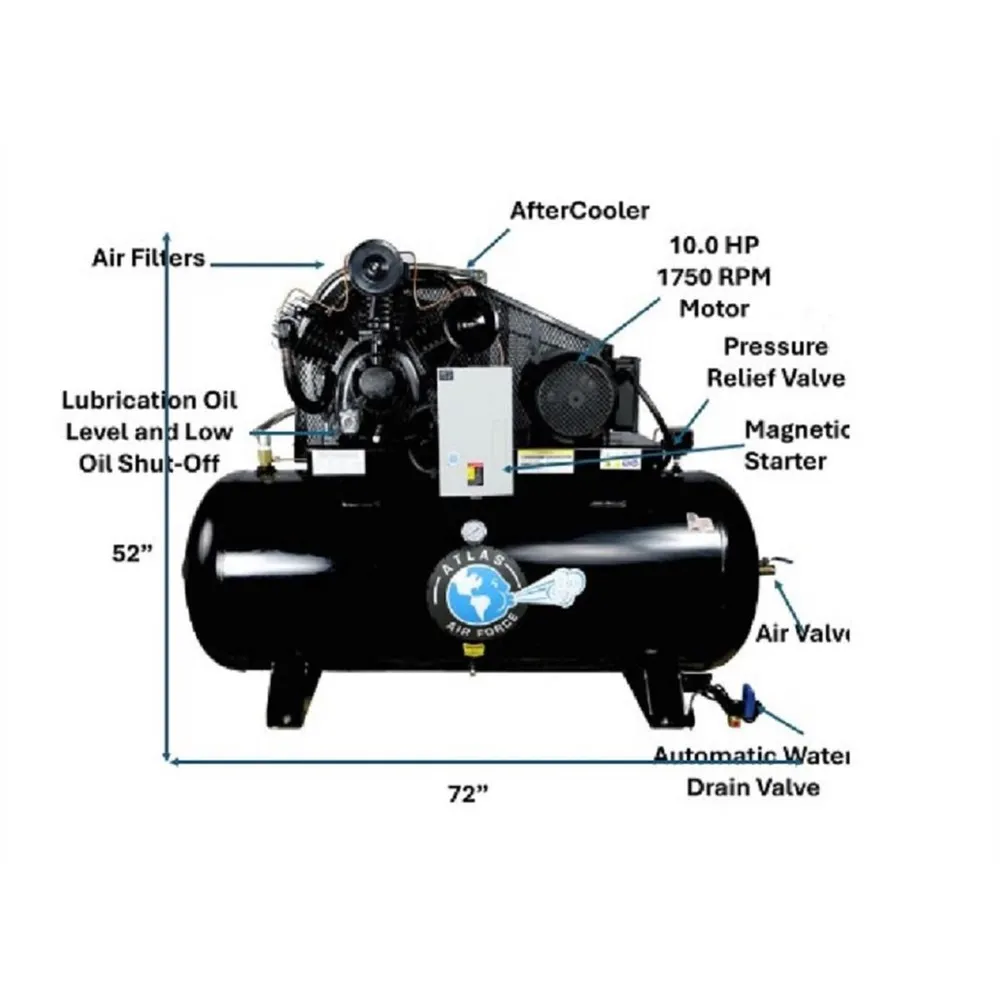 Atlas 10 HP 3-Phase 120 Gallon Horizontal Air Compressor 3 Atlas 10HP 3Phase 120 Gallon Horizontal Air Compressor