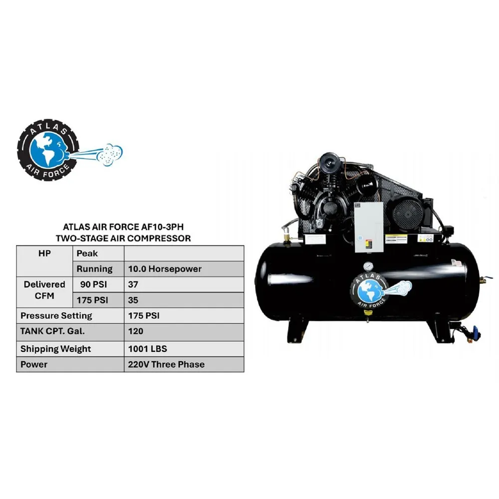 Atlas 10 HP 3-Phase 120 Gallon Horizontal Air Compressor 5 Atlas 10HP 3Phase 120 Gallon Horizontal Air Compressor