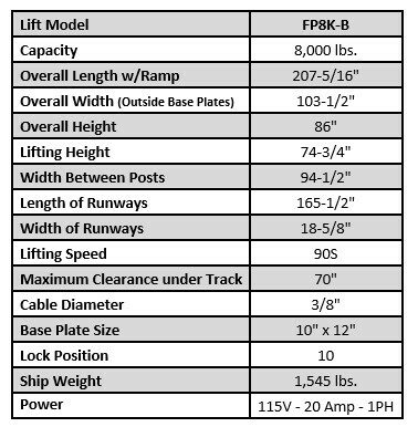 Tuxedo FP8K-B 8,000 lb Basic Service Storage Lift 3 Click here for Brochure