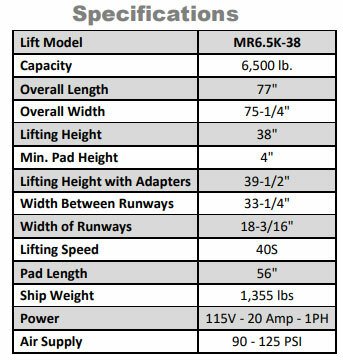 Tuxedo MR6.5K-38 6,500 lb Mid-Rise Portable Scissor Lift 13 Click here for Specifications