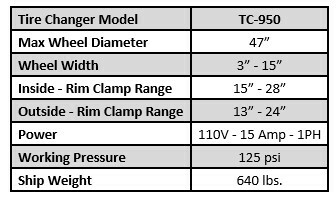 Tuxedo TP11KC-DX 11,000 lb 2 Post Lift, TC-950 Tire Changer, WB-953 Wheel Balancer Combo Package 6 Click here for Specifications