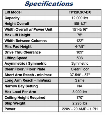iDEAL TP12KSC-DX 12,000 lb. ALI Certified Heavy Duty 2-Post Symmetric Clear Floor Lift 10 Click here for Brochure