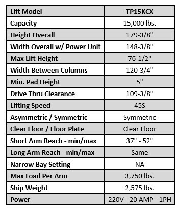 Tuxedo TP15KCX 15,000 lb Heavy Duty 2 Post Car Lift 9 Click here for Specifications